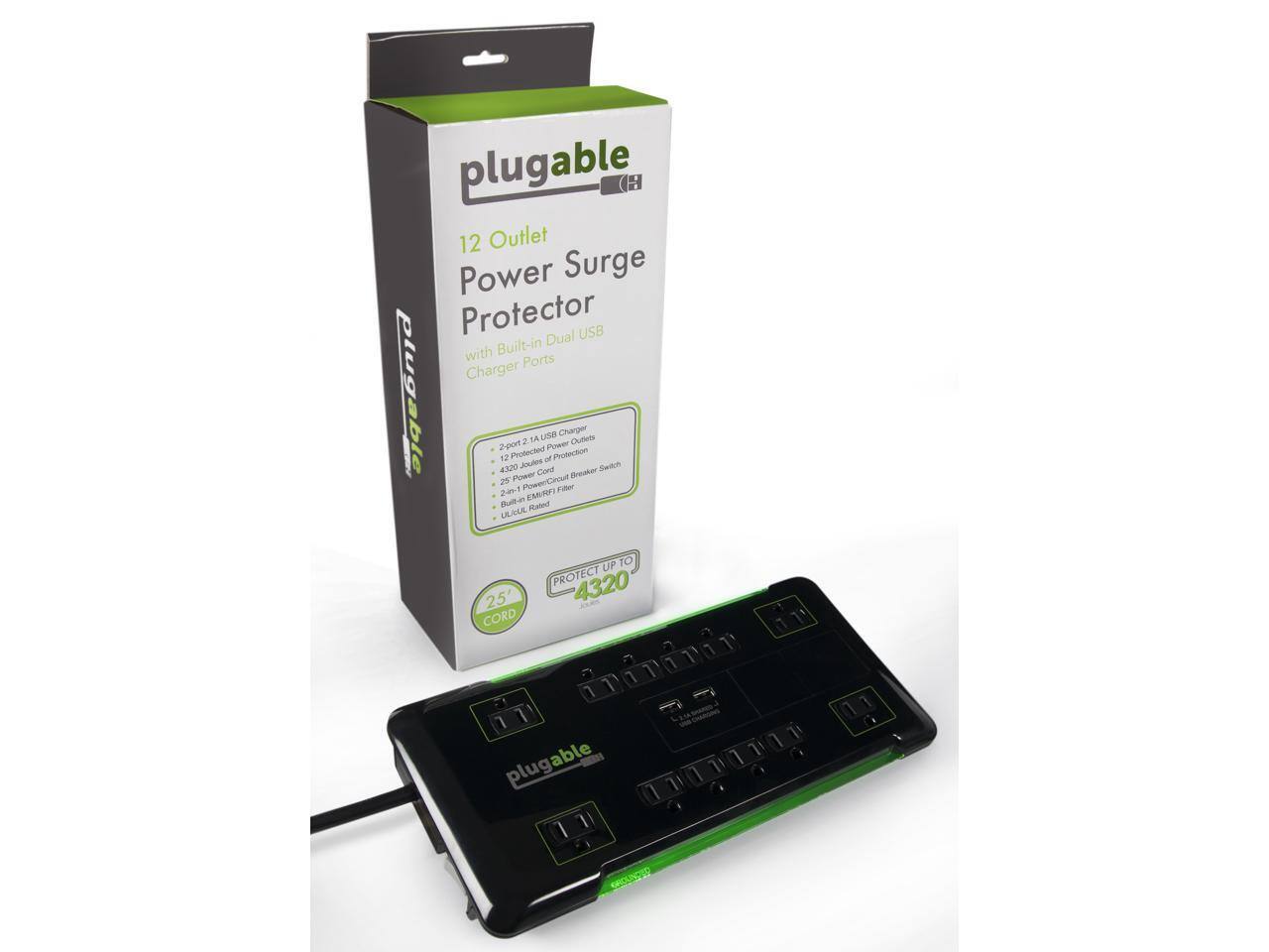 plugable H 12 Outlet Power Surge Protector USB Built-in Dual with Ports Charger plugable 2-port 4320 12 Protected Puser Joues 2 14 Card UT of P Phodiction Charger Breaker Chulfetts Selh 25 PowerCecut 241 Filer  EMIRFI Rated LEUCE UP TO PROTECT 4320 25' CORD 7  1 plugable