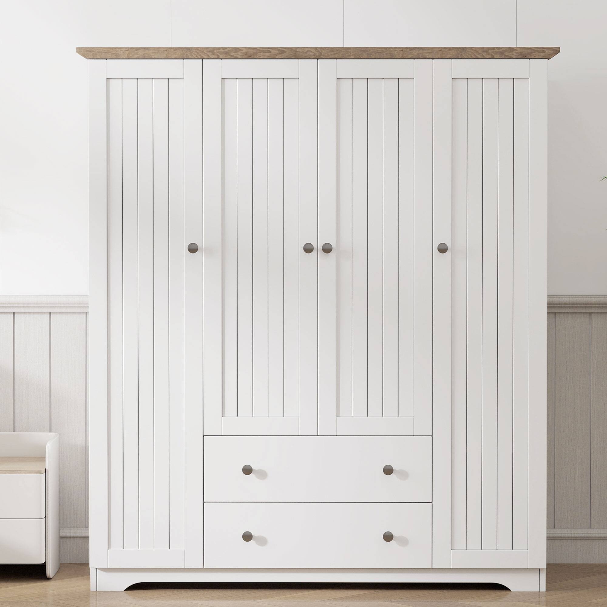 Angle. Whisen - 4-Door Wardrobe Armoire Closet with 2 Drawers,Large Capacity Hanging and Storage Organizer - White.