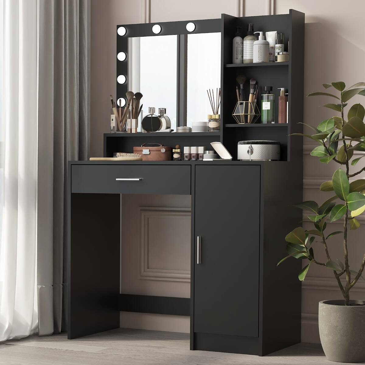 Alt View 1. Loheer - Loheer Makeup Vanity Desk with Mirror and Lights, Black Vanity Desk with Storage - Black.
