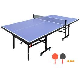 HTUTWOO - Table Tennis Table Set 8ft Mid-Size - Foldable & Portable Ping Pong Table for Indoor Games, Net, 2 Paddles, 3 Balls - Blue