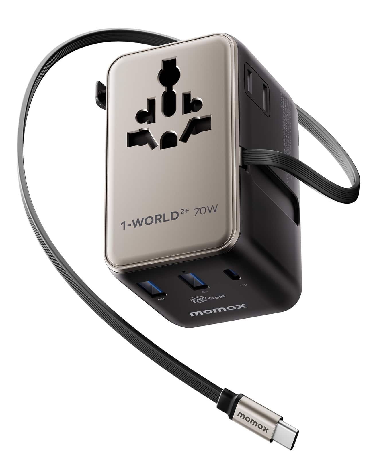 Momax - 70W Universal Travel Adapter, 6-in-1 International Power Adapter with USB-C Retractable Cable, Dual-AC Plug - Gold
