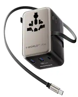 Momax - 70W Universal Travel Adapter, 6-in-1 International Power Adapter with USB-C Retractable Cable, Dual-AC Plug - Gold