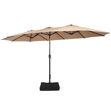 Front. Costway - 15FT Double-Sided Twin Patio Umbrella Outdoor Market W/ Crank & Base - Coffee.