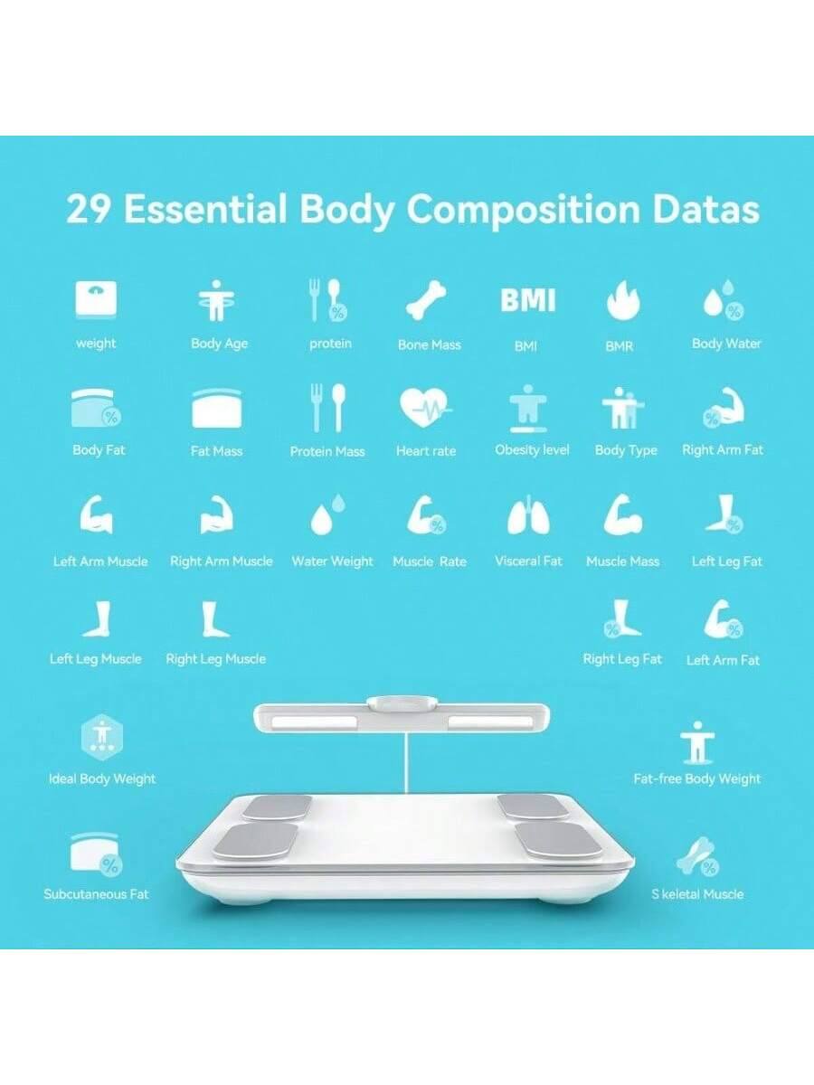 29 Essential Body Composition Data

- Weight
- Body Age
- Protein
- Bone Mass
- BMI
- BMR
- Body Water
- Body Fat
- Fat Mass
- Protein Mass
- Heart Rate
- Obesity Level
- Body Type
- Right Arm Fat
- Left Arm Muscle
- Right Arm Muscle
- Water Weight
- Muscle Rate
- Visceral Fat
- Muscle Mass
- Left Leg Fat
- Left Leg Muscle
- Right Leg Muscle
- Right Leg Fat
- Left Arm Fat
- Ideal Body Weight
- Fat-free Body Weight
- Subcutaneous Fat
- Skeletal Muscle