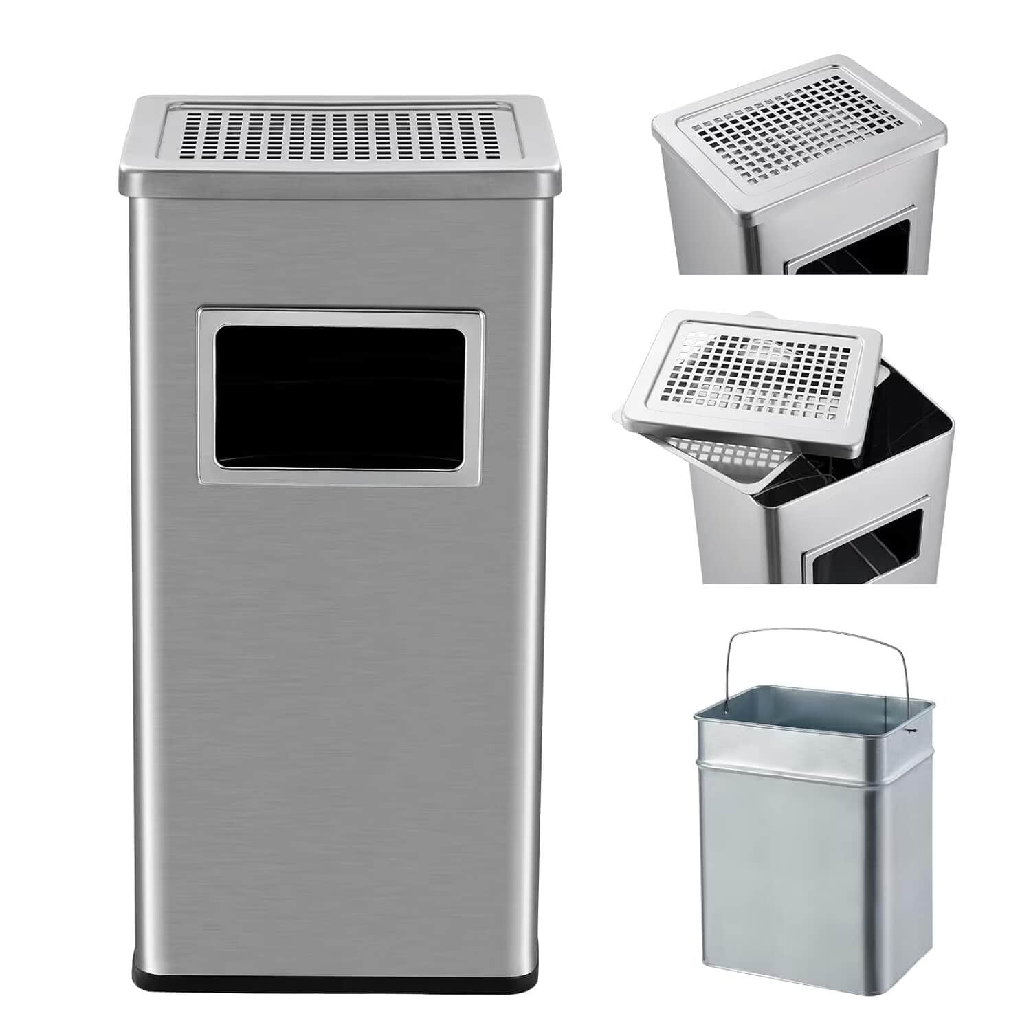 Acekool - 7.9 Gallon Stainless Steel Indoor Outdoor Trash Can with Lid, Removable Inner Bucket & Ashtray, Commercial Grade - Silver