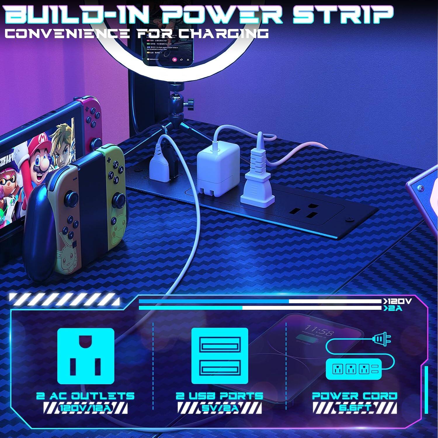 BUILD-IN POWER STRIP CONVENIENCE FOR CHARGING

2 AC OUTLETS
2 USB PORTS
POWER CORD 6.6FT
