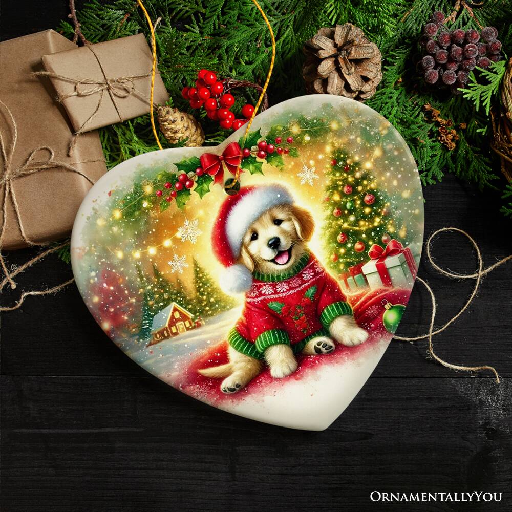 Back. OrnamentallyYou - Majestic Golden Retriever with Santa Hat Ornament Delightful Christmas Gift and Decor Heart - Multi-colored.