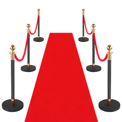 Front. VEVOR - Stanchion Post, 6 Pcs Crowd Control Barrier Set with Red Carpet, 4 Red Velvet Ropes, Stainless Steel Gold Stanchion - Red velvet rope.