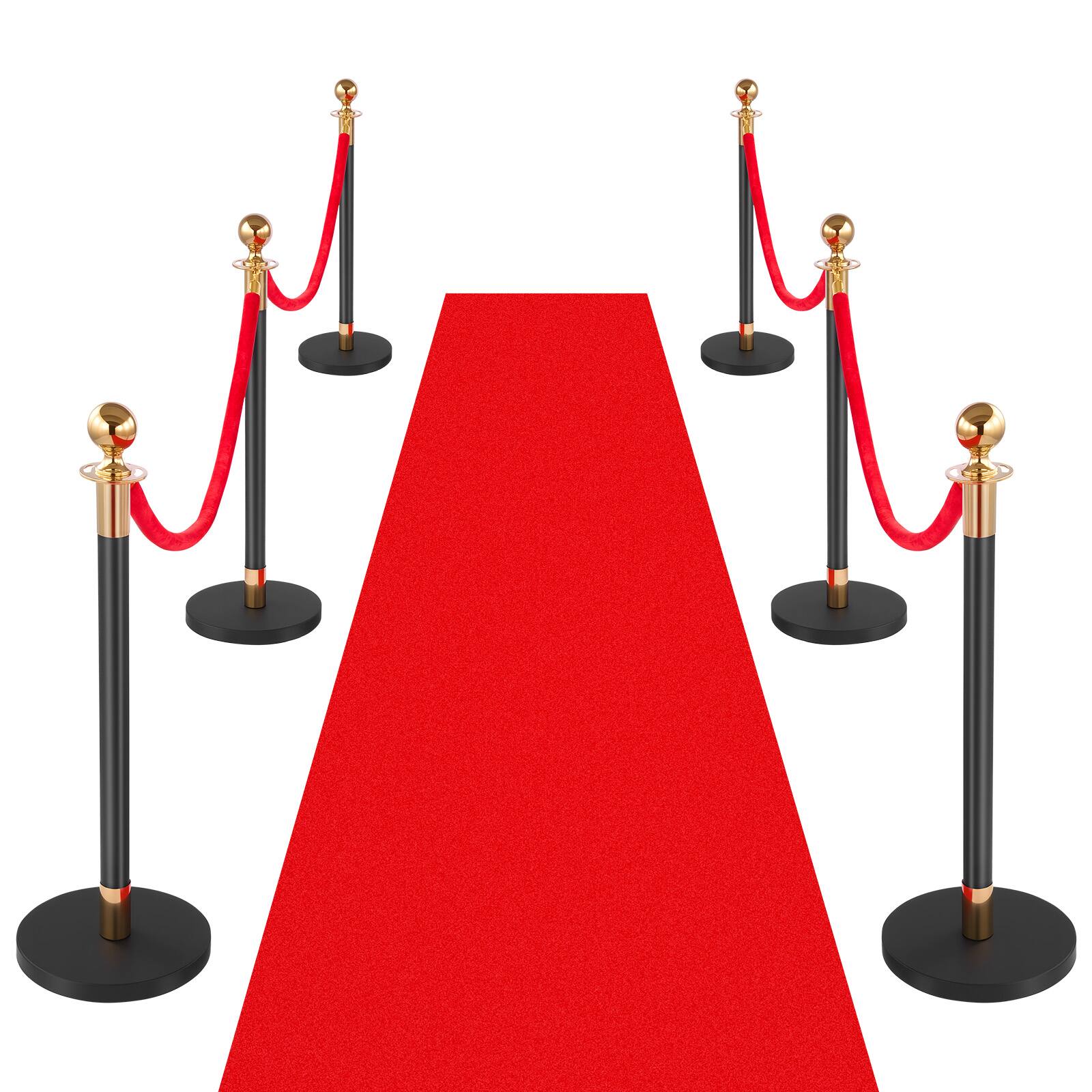 Front. VEVOR - Stanchion Post, 6 Pcs Crowd Control Barrier Set with Red Carpet, 4 Red Velvet Ropes, Stainless Steel Gold Stanchion - Red velvet rope.
