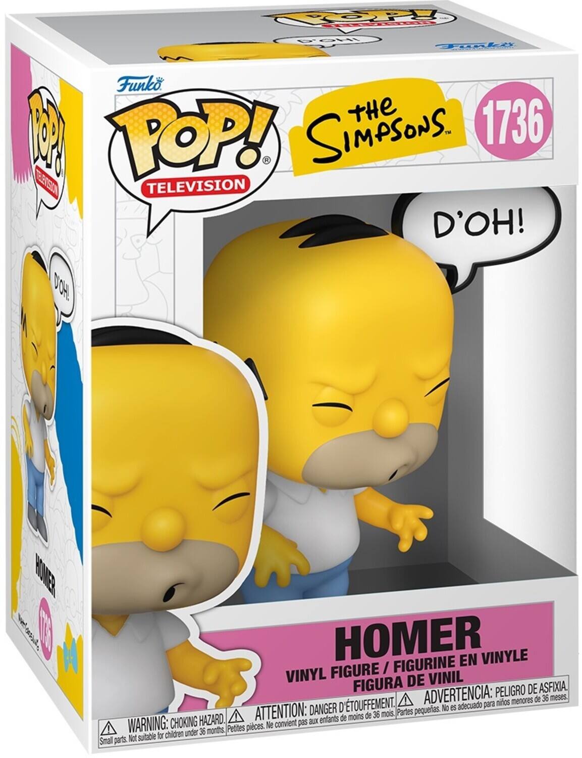 Sure, here is the corrected and grouped text from the image:

---

**Funko POP! TELEVISION**

**The Simpsons**

**1736**

**HOMER**

**VINYL FIGURE / FIGURINE EN VINYLE / FIGURA DE VINIL**

**D'OH!**

**WARNING: CHOKING HAZARD. Small parts. Not suitable for children under 36 months.**

**ATTENTION: DANGER D'ÉTOUFFEMENT. Petites pièces. Ne convient pas aux enfants de moins de 36 mois.**

**ADVERTENCIA: PELIGRO DE ASFIXIA. Partes pequeñas. No es adecuado para niños menores de 36 meses.**

---