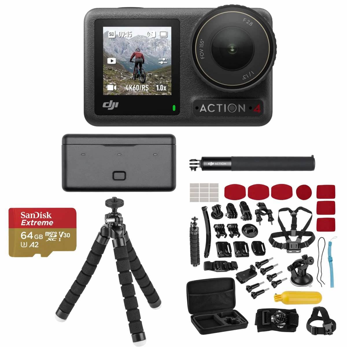 Bundle - DJI - Osmo Action 4 Camera Adventure Combo, with 64GB Card, Extreme Sport Kit