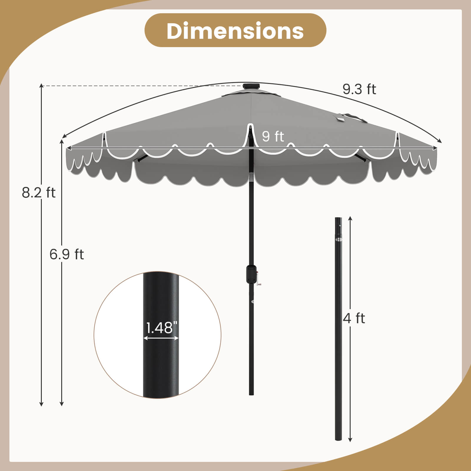 Dimensions: 9.3 ft 9 ft 8.2 ft 6.9 ft 1.48" 4 ft