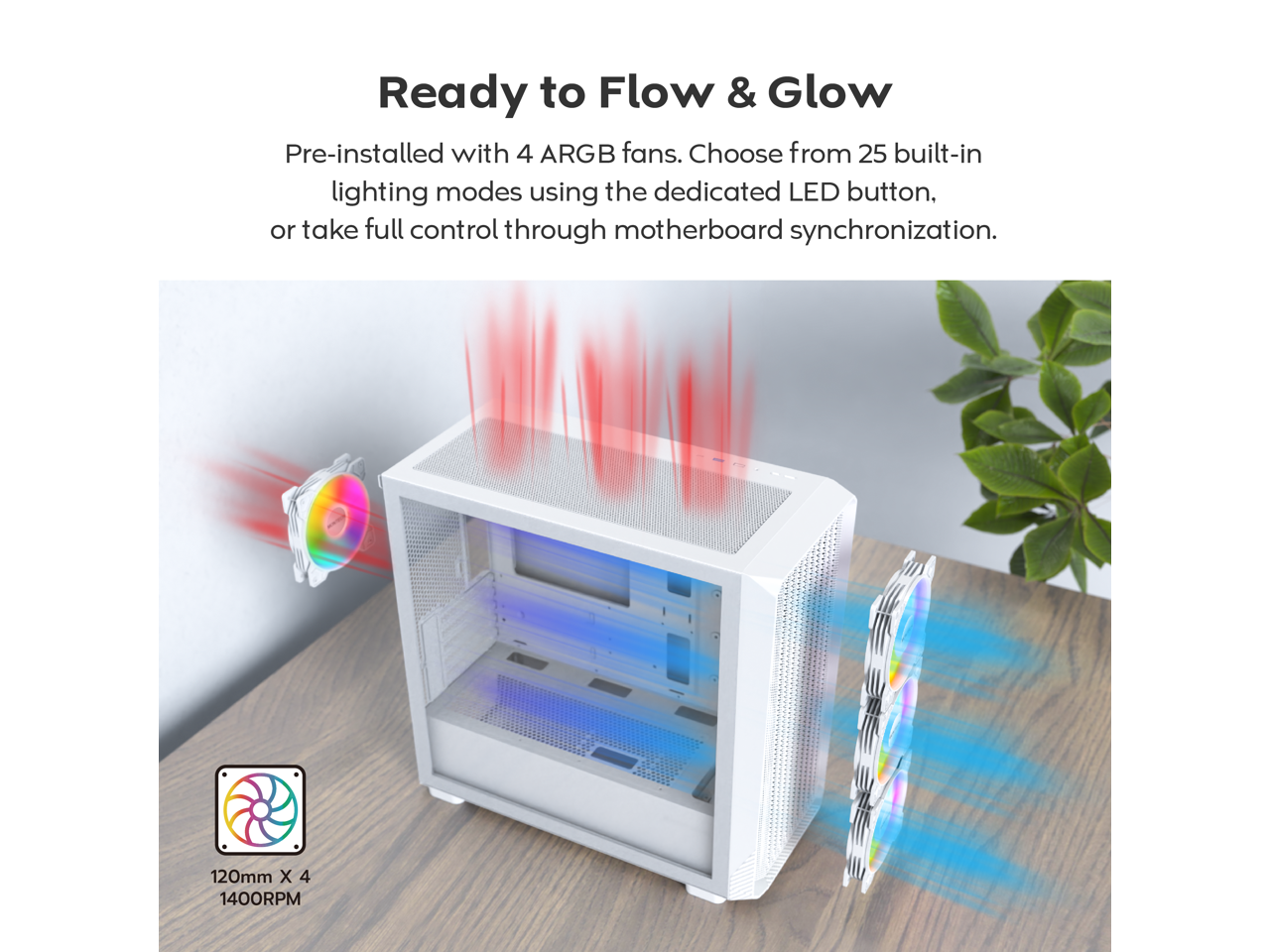 Ready to Flow & Glow

Pre-installed with 4 ARGB fans. Choose from 25 built-in lighting modes using the dedicated LED button, or take full control through motherboard synchronization.

120mm X 4  
1400RPM