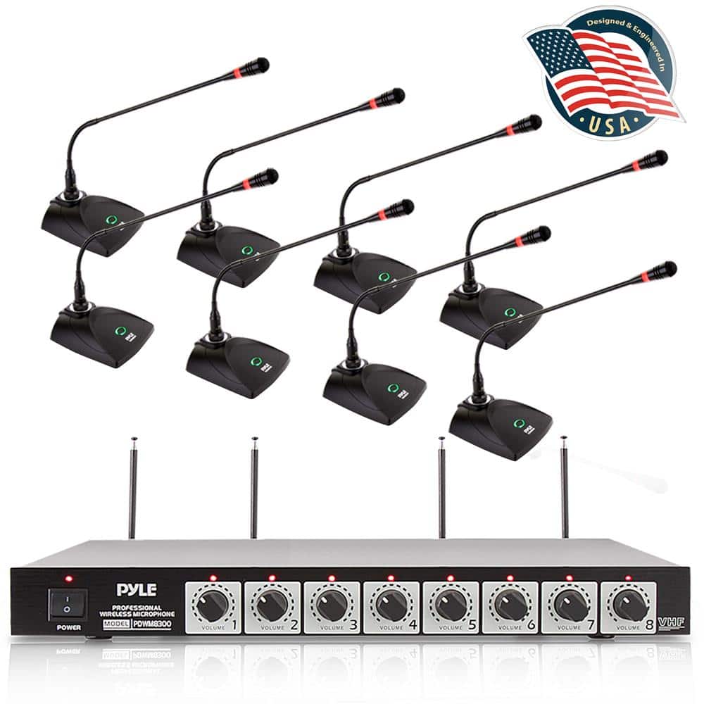 Pyle - 8 Channel Wireless Microphone System - Portable VHF Cordless Audio Mic Set with 1/4" and XLR Ou