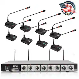 Pyle - 8 Channel Wireless Microphone System - Portable VHF Cordless Audio Mic Set with 1/4" and XLR Ou