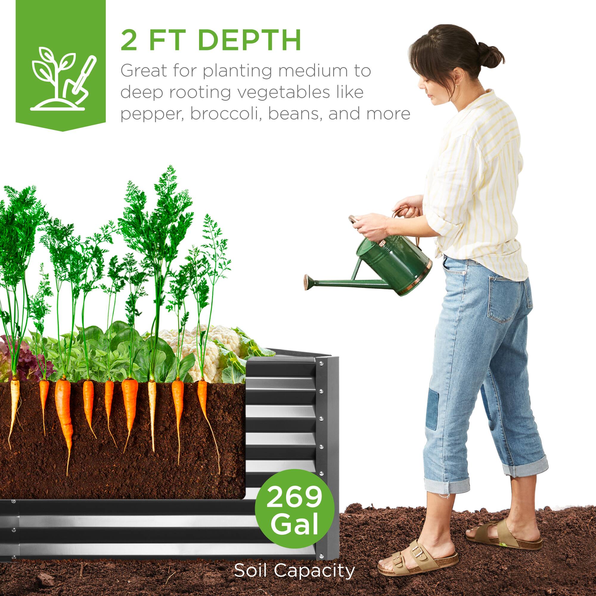 2 FT DEPTH  
Great for planting medium to deep rooting vegetables like pepper, broccoli, beans, and more  

269 Gal Soil Capacity