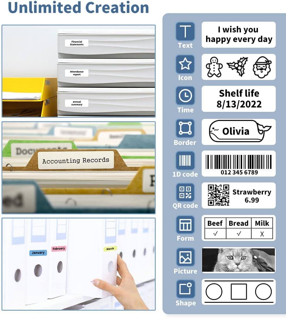 Unlimited Creation

Financial statements  
Attendance report  
annual summary  
Accounting Records  

I wish you happy every day  
Shelf life 8/13/2022  
Olivia  
012 345 6789  
Strawberry 6.99  
Beef Bread Milk  
January February March  

Text  
Icon  
Time  
Border  
1D code  
QR code  
Form  
Picture  
Shape