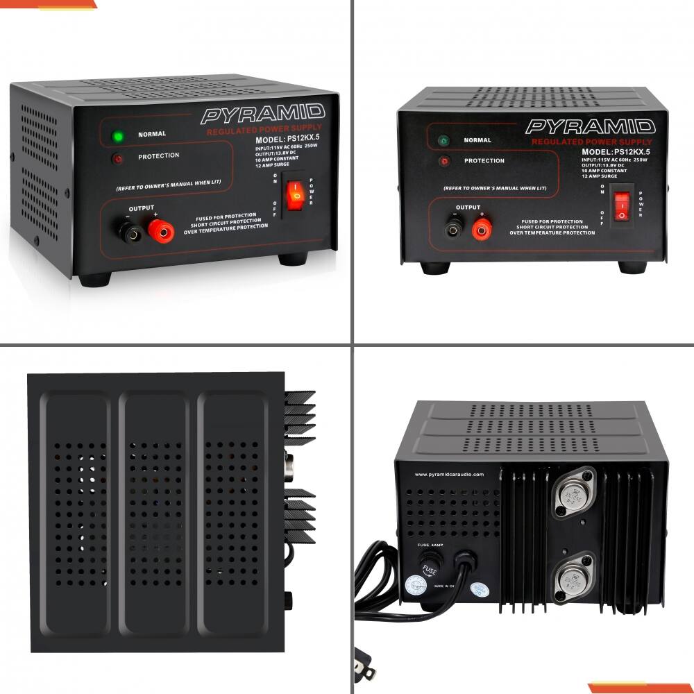 PYRAMID REGULATED POWER SUPPLY  
MODEL: PS12KX.5  

INPUT: 115V AC 60Hz 250W  
OUTPUT: 12V DC  
12 AMP CONSTANT  

NORMAL  
PROTECTION  

(REFER TO OWNER'S MANUAL WHEN LIT)  

OUTPUT  
FUSED FOR PROTECTION  
SHORT CIRCUIT PROTECTION  
OVER TEMPERATURE PROTECTION  

www.pyramidaudio.com  

FUSE AMP  
MADE IN CHINA