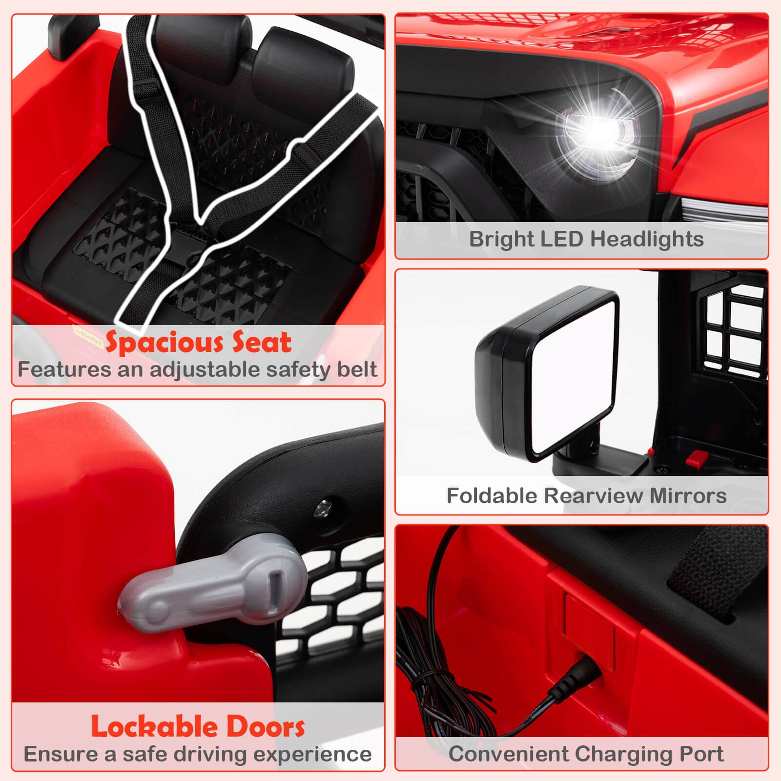 - Spacious Seat  
  Features an adjustable safety belt

- Bright LED Headlights

- Foldable Rearview Mirrors

- Lockable Doors  
  Ensure a safe driving experience

- Convenient Charging Port