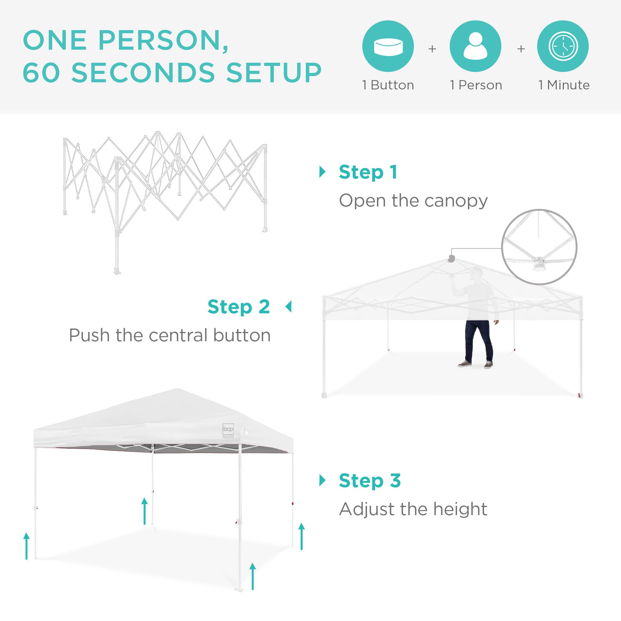 ONE PERSON, 60 SECONDS SETUP

1 Button + 1 Person + 1 Minute

Step 1: Open the canopy

Step 2: Push the central button

Step 3: Adjust the height
