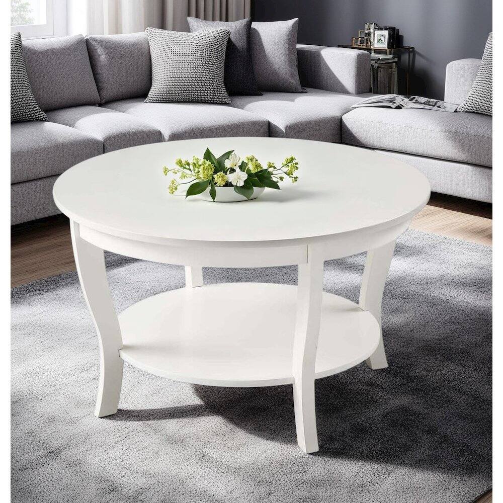 Left. FurniFact - White Round Coffee Table with Shelf, MDF and Solid Rubberwood Construction - White.