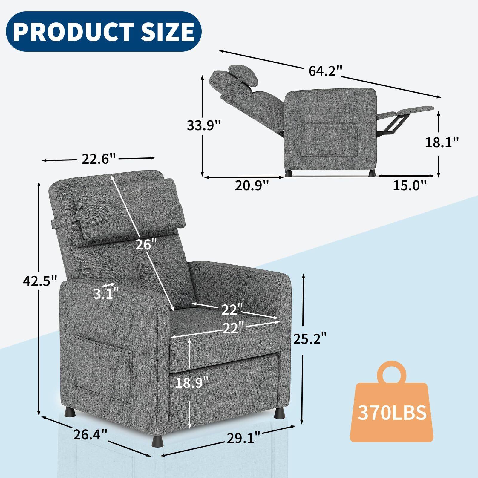 PRODUCT SIZE

- Width: 64.2"
- Depth: 22.6"
- Height: 42.5"
- Seat Height: 18.1"
- Seat Depth: 20.9"
- Armrest Height: 26"
- Back Height: 33.9"
- Armrest Width: 22"
- Seat Width: 22"
- Seat Depth: 25.2"
- Seat Depth: 18.9"
- Seat Depth: 26.4"
- Seat Depth: 29.1"
- Weight Capacity: 370LBS