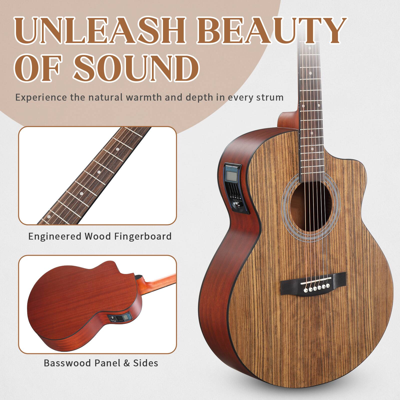 UNLEASH BEAUTY OF SOUND

Experience the natural warmth and depth in every strum

Engineered Wood Fingerboard

Basswood Panel & Sides