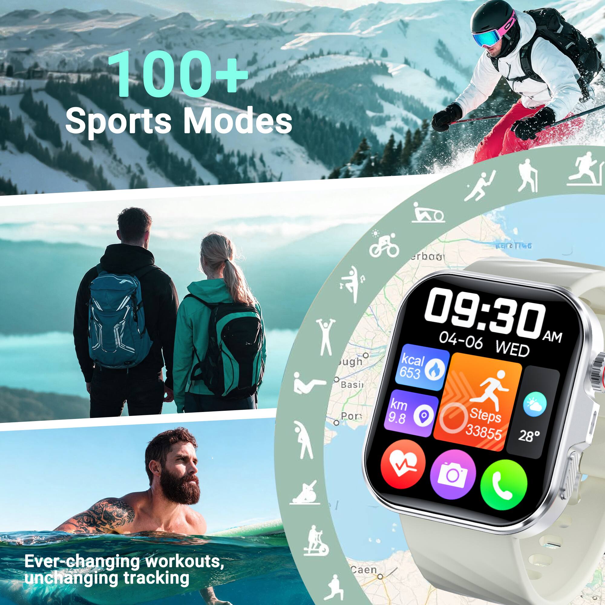 100+ Sports Modes

09:30 AM
04-06 WED
653 kcal
9.8 km
33855 Steps
28°

Ever-changing workouts, unchanging tracking