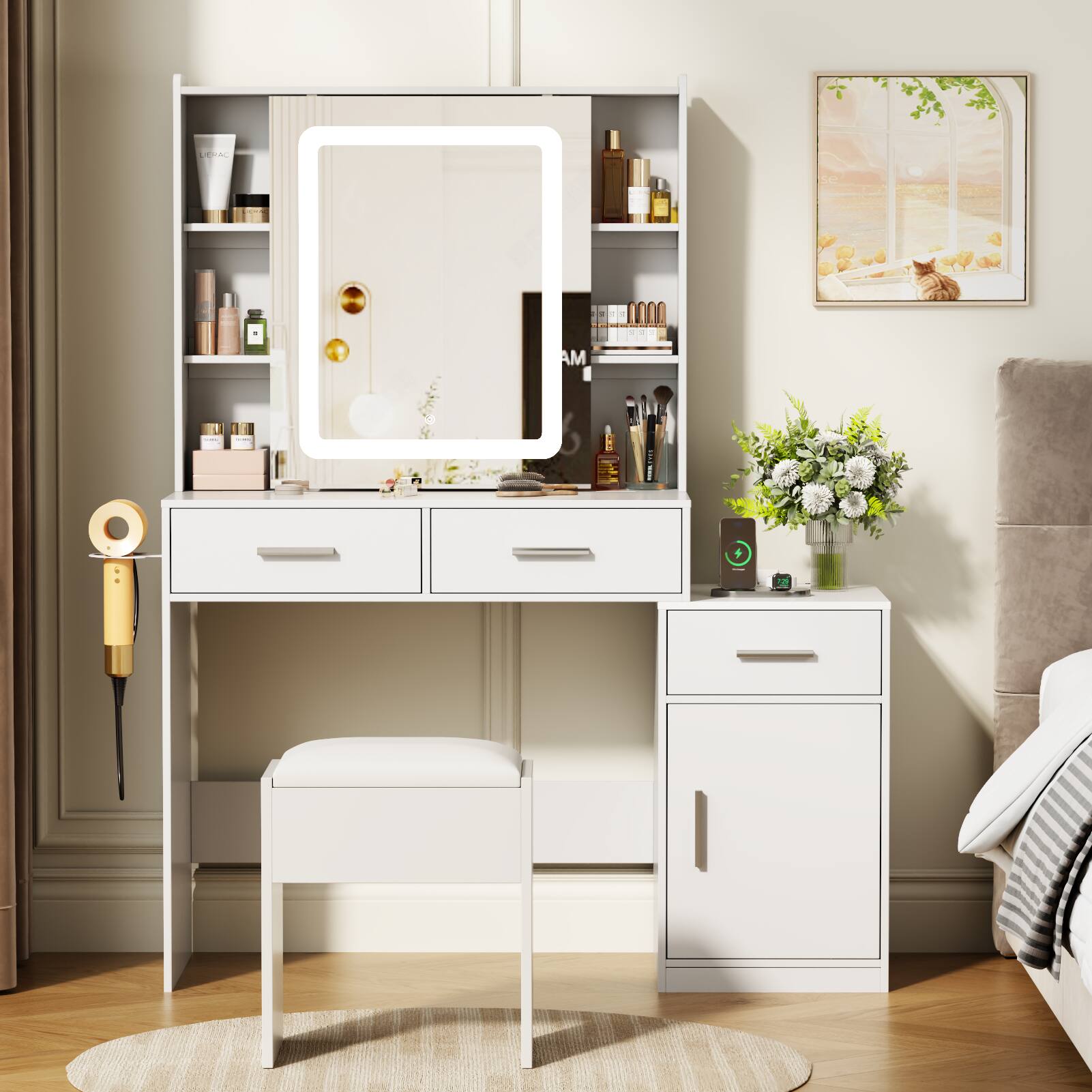 Front. Furologee - 43" Makeup Vanity With Led Lighted MirrorMovable Mirror 3 Drawers Power Outlet and And Stool - White.