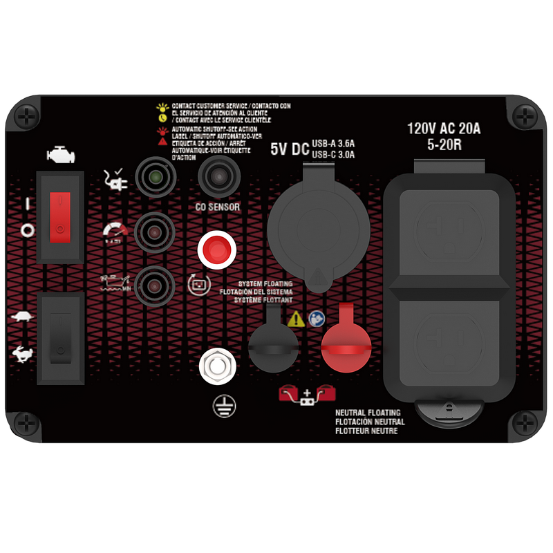 CONTACT CUSTOMER SERVICE  
CONTACTO CON SERVICIO DE ATENCIÓN AL CLIENTE  
CONTACT AVEC LE SERVICE CLIENT  
AUTOMATIC SHUTDOWN - ACTION  
AUTOMATISCHES AUSFÜHREN - ACTION  
AUTOMATIQUE - ACTION  
LABEL "SHUTDOWN" - ACTION  
AUTOMATIQUE - ACTION  
5V DC USB-A 3.6A  
USB-C 3.0A  
120V AC 20A  
5-20R  
CO SENSOR  
SYSTEM FLOATING  
FLOTACIÓN DEL SISTEMA  
SYSTÈME FLOTTANT  
NEUTRAL FLOATING  
FLOTACIÓN NEUTRAL  
FLOTTEUR NEUTRE