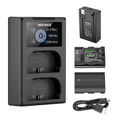 NEEWER 70mA
CH1 270mA 8.40V
NEEWER - SARIES CEOOE
CH2 00 12mAh
CH1 LP-E6
NEEWER Rechargeable Battery
CH2 Li-ion BATTERY PACK LP-E6
CAUTION:
- Immerse only - sautats stargen.
- Sautats - e - i vts .. - a - +
NEEWER
CH1
CH2
Li-ion BATTERY PACK