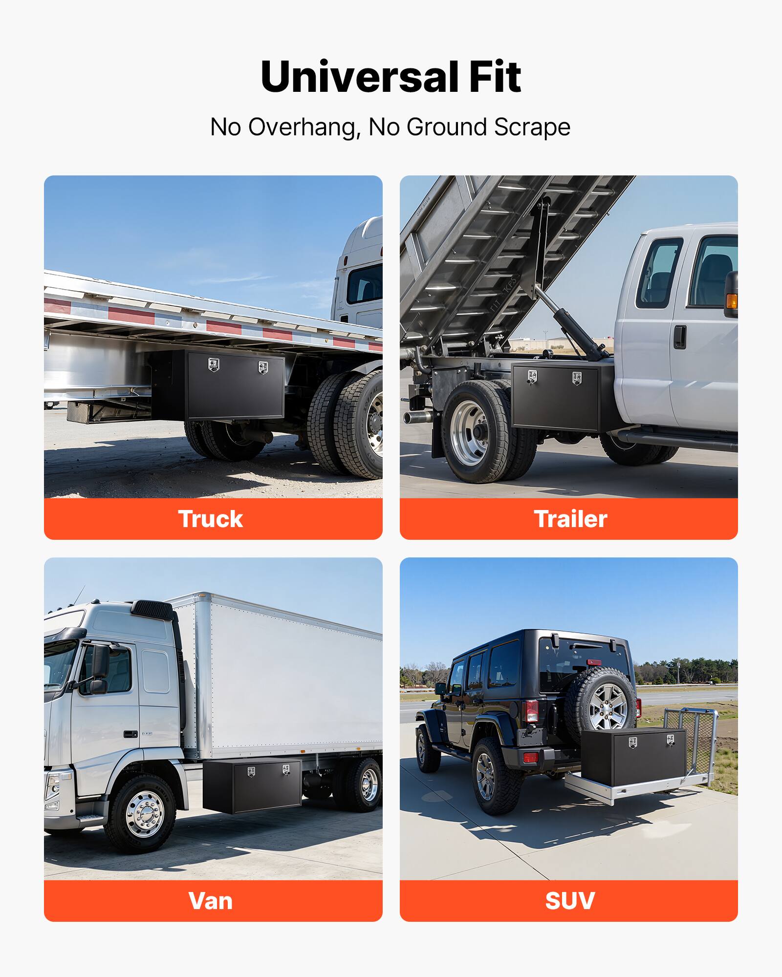 Universal Fit  
No Overhang, No Ground Scrape  

Truck  
Trailer  
Van  
SUV
