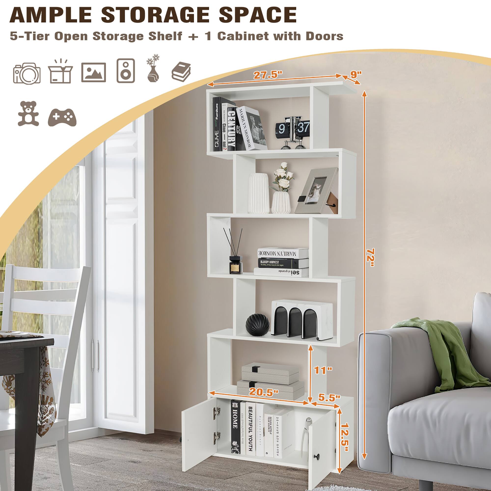 Gymax 2PCS 6 tier Geometric Bookcase S shaped Z shelf Bookshelf