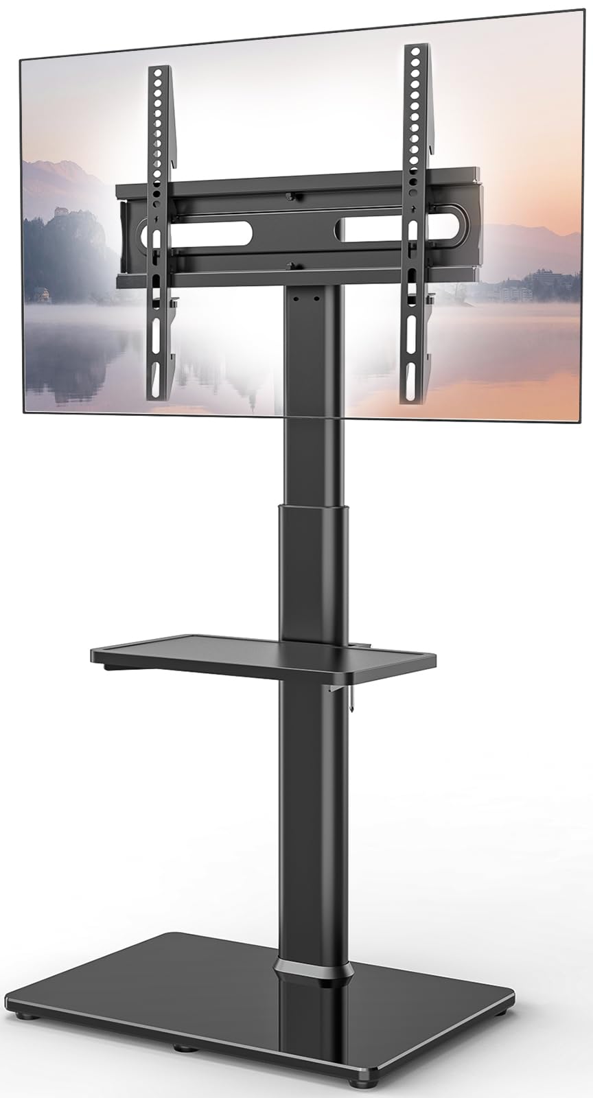 ThinkLink Electronic - Universal Floor Stand Mount Degree Swivel Level Height Adjustable Space Saving Design Lcd Led Oled Tvs - Black Floor TV Stand with Shelf