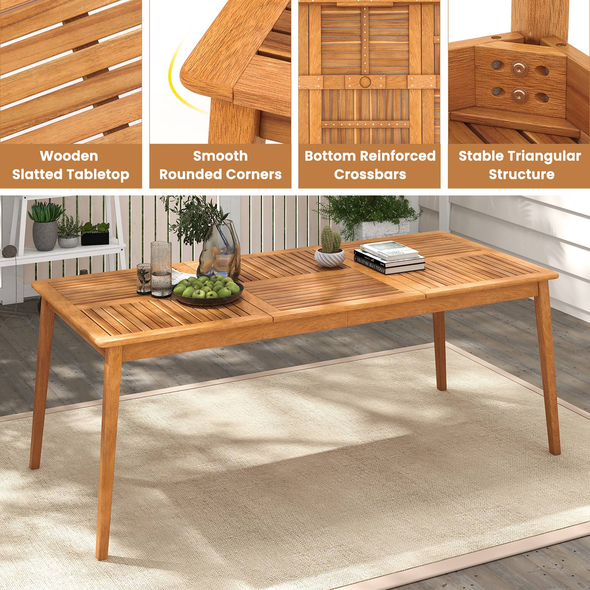 - Wooden Slatted Tabletop
- Smooth Rounded Corners
- Bottom Reinforced Crossbars
- Stable Triangular Structure