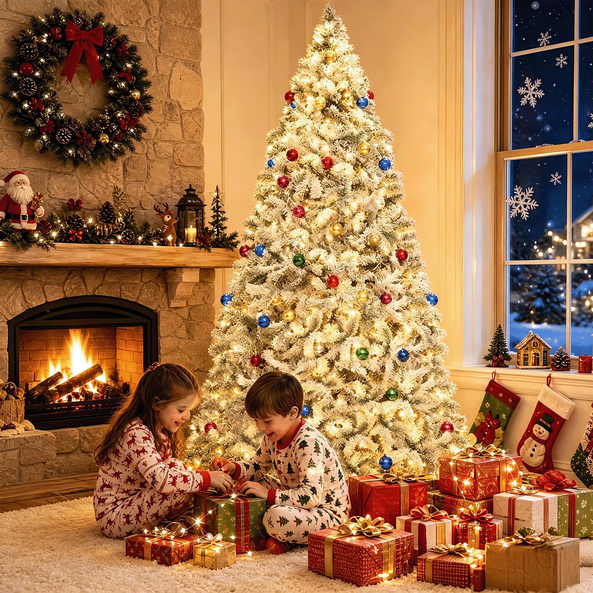 Alt View 1. VAVSEA - 7.5FT Flocked Christmas Tree with 1200 Tips 350 LED Lights Remote Control Metal Stand Tree Skirt Ornaments and Storage B - White.