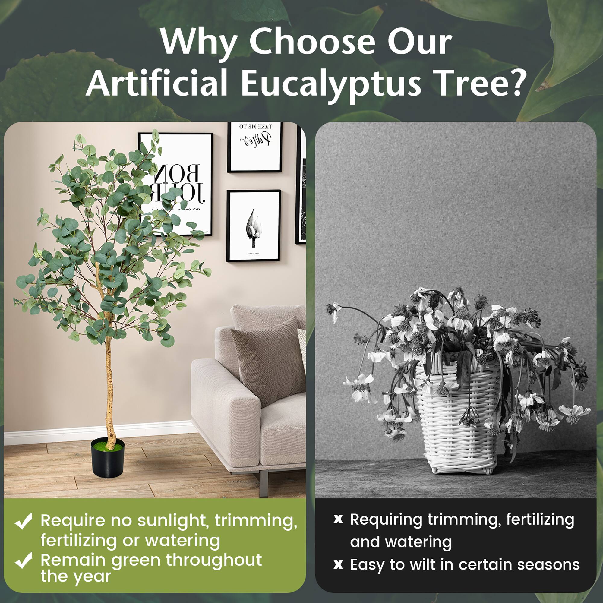 Why Choose Our Artificial Eucalyptus Tree?

- Require no sunlight, trimming, fertilizing, or watering
- Remain green throughout the year

x Requiring trimming, fertilizing, and watering
x Easy to wilt in certain seasons