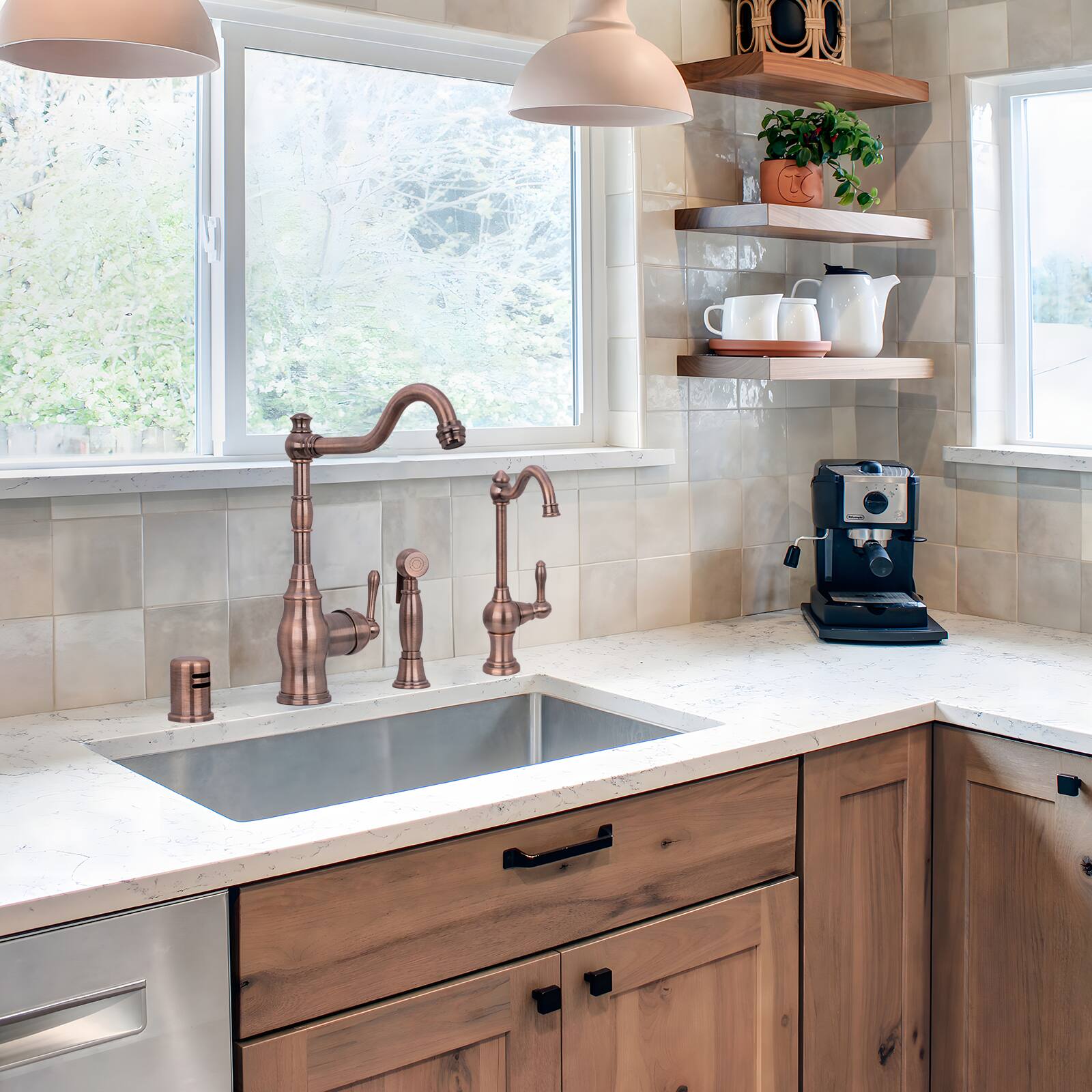 Alt View 6. Akicon - Akicon Solid Brass One-Handle 360° Swivel Widespread Kitchen Faucet with Side Spray in Antique Copper - Antique Copper.