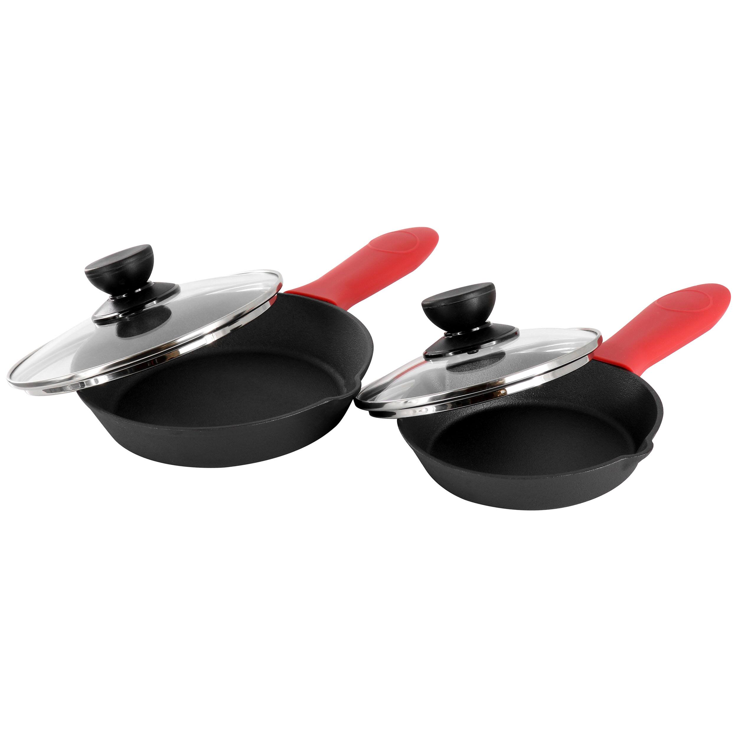 Alt View 3. MegaChef - MegaChef 13 Piece Cast Iron Skillet Set with Tempered Glass Lids and Silicone Holders - Black and Red.