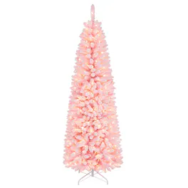 Costway - 7 ft Pencil Christmas Tree 8 Lighting Modes Hinged - Pink/White