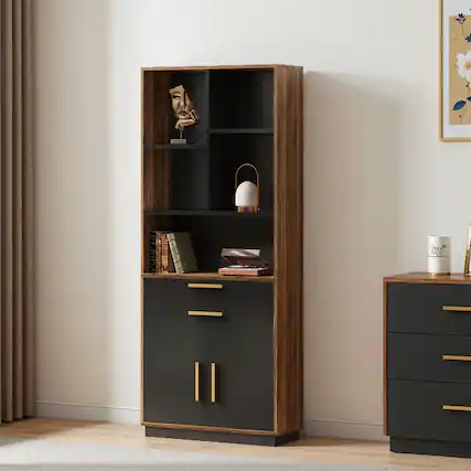 Front. ModernMate - 59 Inches Tall Black Walnut Bookshelf with Doors, 5 Cubes and 2 Drawers - Black Walnut.