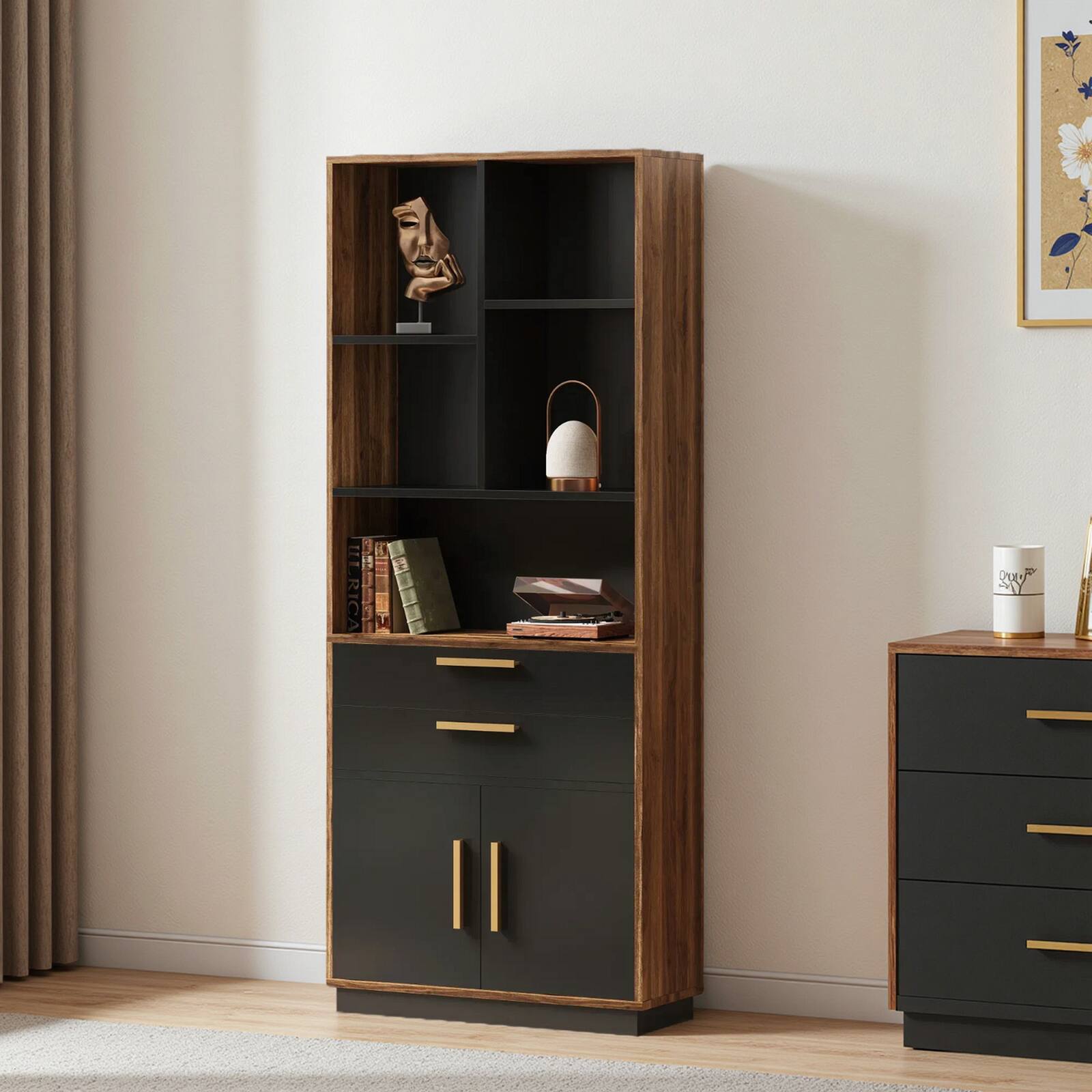 Front. ModernMate - 59 Inches Tall Black Walnut Bookshelf with Doors, 5 Cubes and 2 Drawers - Black Walnut.