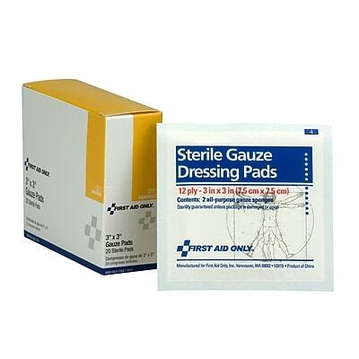 Sure, here is the corrected and grouped text:

---

**Sterile Gauze Dressing Pads**

- **12-ply 3 in x 3 in (7.5 cm x 7.5 cm)**
- **Contents:**
  - 2 all-purpose sterile gauze pads
  - 20 sterile pads
- **Sterility Guaranteed Unless Package is Damaged or Opened**
- **Manufactured to First Aid Only, Inc.**
- **Manufactured by First Aid Only, Inc.**
- **Made in the USA**

---

**First Aid Only**

- **Sterile Gauze Dressing Pads**
- **12-ply 3 in x 3 in (7.5 cm x 7.5 cm)**
- **Contents:**
  - 2 all-purpose sterile gauze pads
- **Sterility Guaranteed Unless Package is Damaged or Opened**
- **Manufactured to First Aid Only, Inc.**
- **Manufactured by First Aid Only, Inc.**
- **Made in the USA**

---
