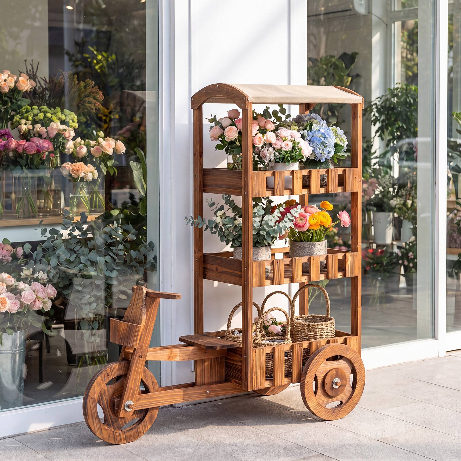 Alt View 3. Costway - Costway 3-Tier Fir Wood Wagon Planter with Fabric Canopy & 3 Wheels for Garden, Patio - Brown.