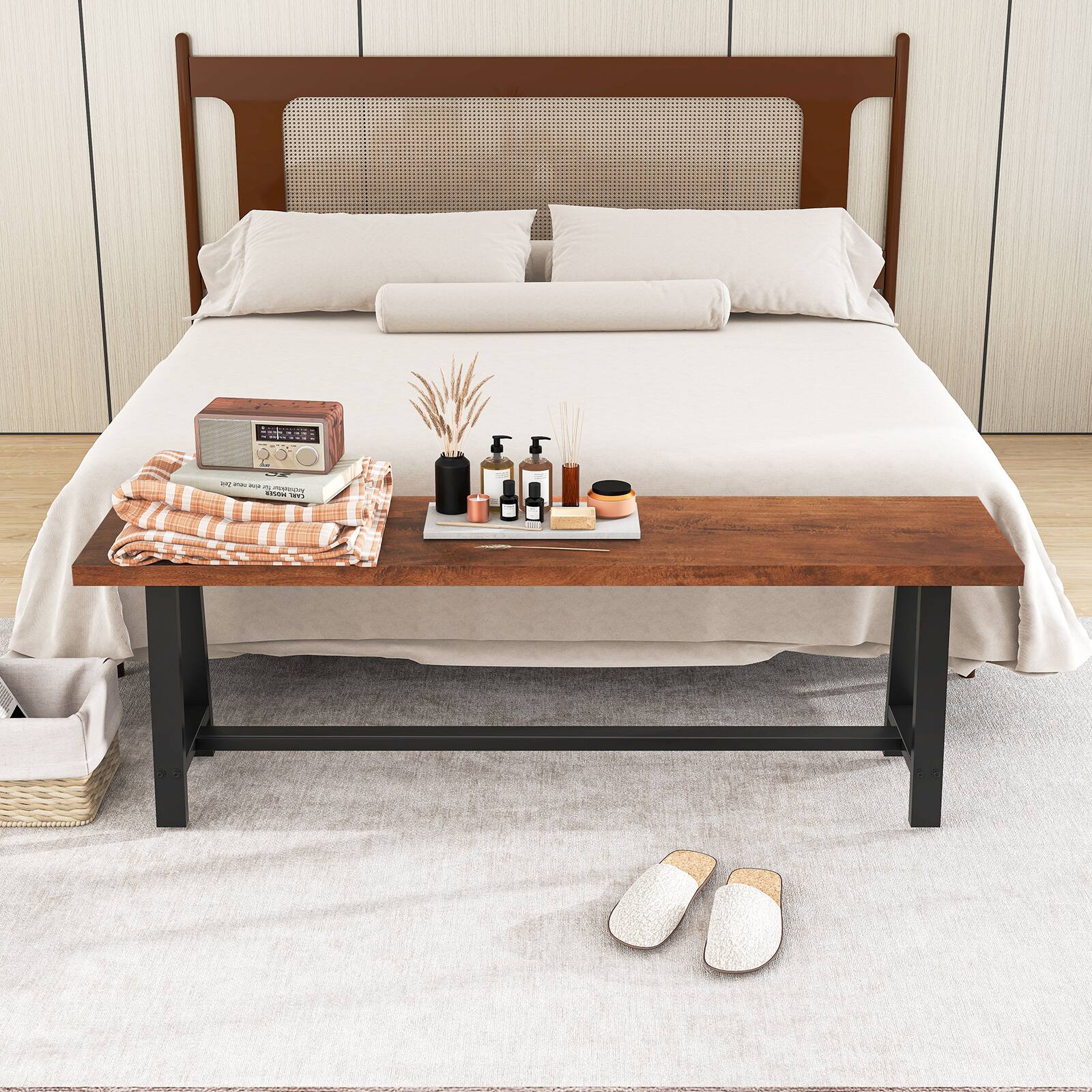 Alt View 1. Ecooso - Dining Bench 3 Person Entryway Shoe Bench with Metal Frame - Walnut & Black.