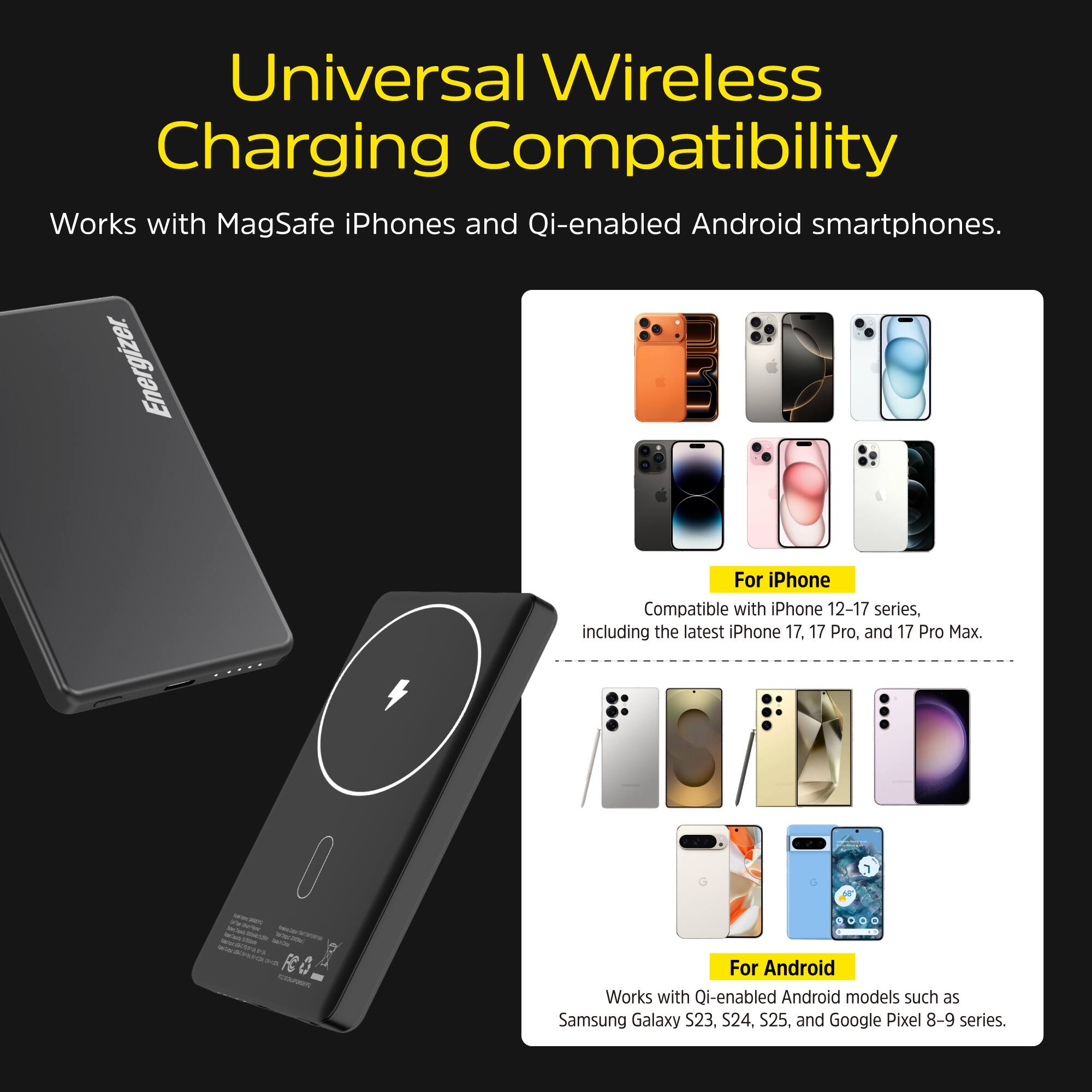 Universal Wireless Charging Compatibility  
Works with MagSafe iPhones and Qi-enabled Android smartphones.

For iPhone  
Compatible with iPhone 12-17 series, including the latest iPhone 17, 17 Pro, and 17 Pro Max.

For Android  
Works with Qi-enabled Android models such as Samsung Galaxy S23, S24, S25, and Google Pixel 8-9 series.