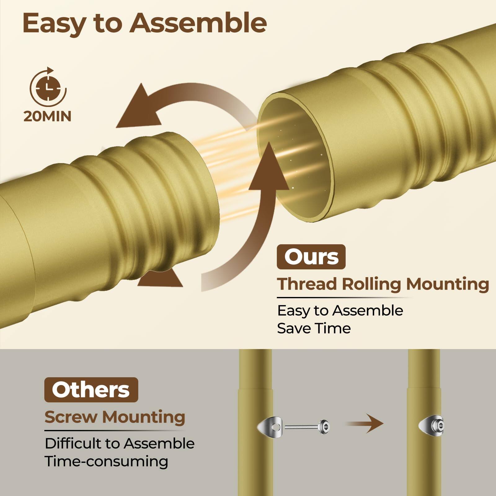 Easy to Assemble  
20MIN  

Ours  
Thread Rolling Mounting  
Easy to Assemble  
Save Time  

Others  
Screw Mounting  
Difficult to Assemble  
Time-consuming