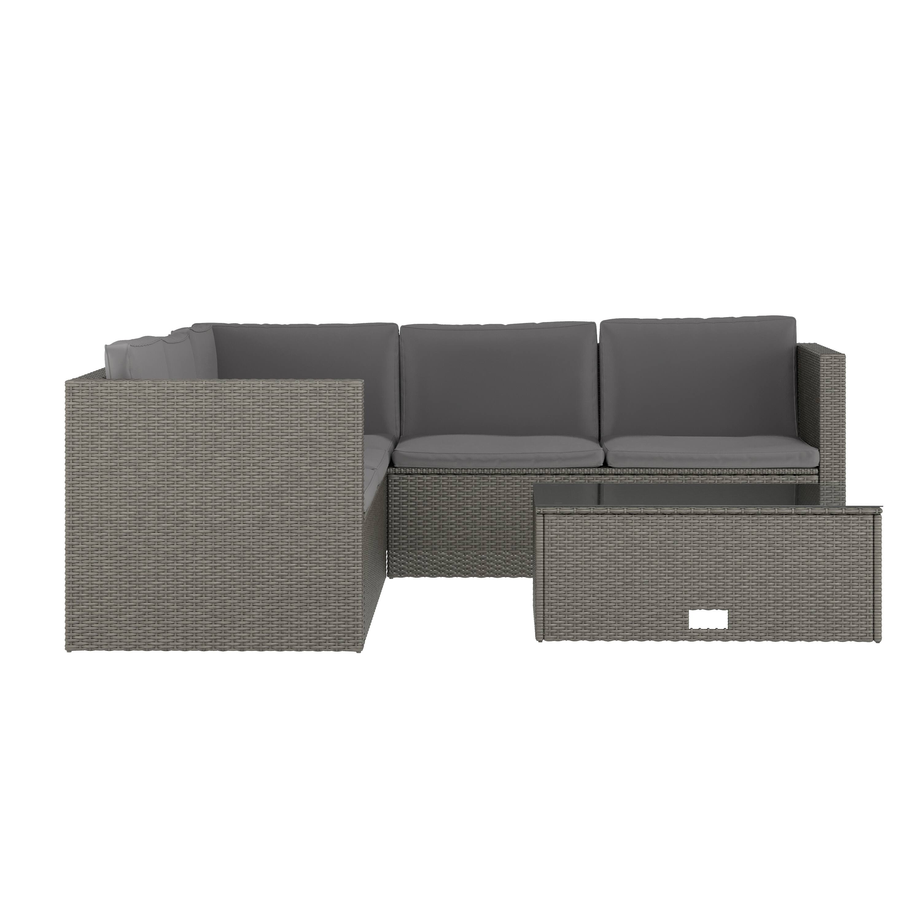 Alt View 8. Emma + Oliver - Beal All Weather Wicker PE Rattan L-Shaped Sectional Sofa with Coffee Table and Included Back and Seat Cushions - Gray Cushions/Gray Frame.