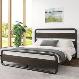 Hivvago - King Heavy Duty Round Metal Frame Platform Bed with Wood Panel Headboard - Black