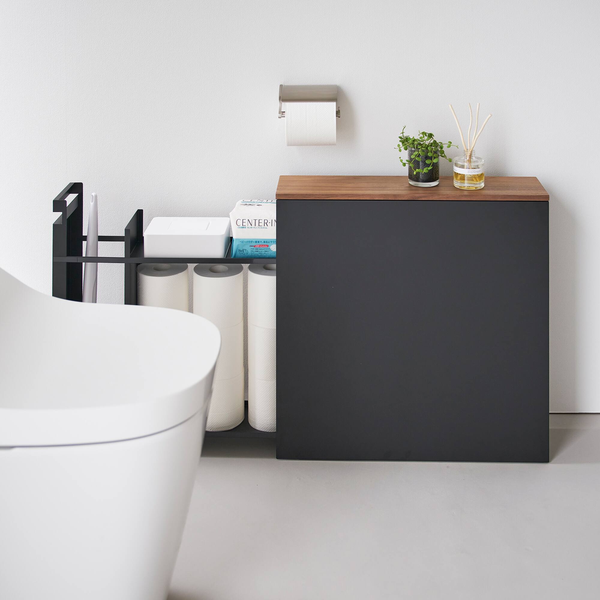 Yamazaki Home Pull Out Bathroom Storage Cabinet Steel + Wood Black